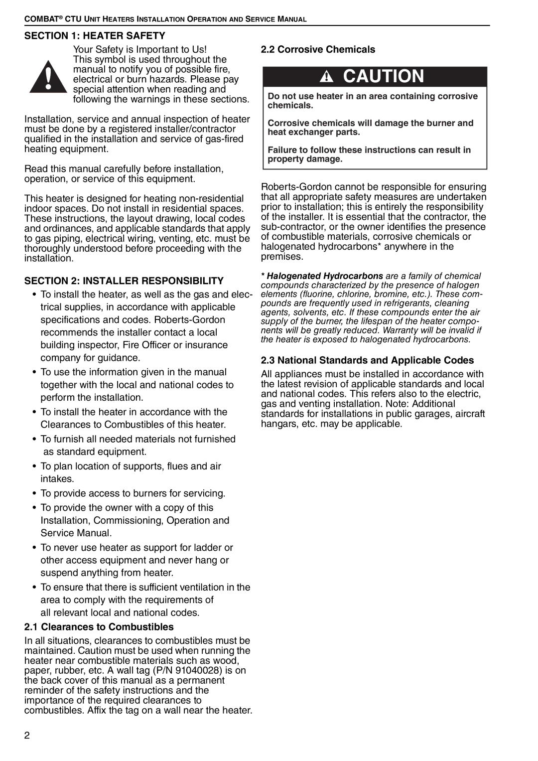 Roberts Gorden CTU 22 TO 115 Heater Safety, Installer Responsibility, Clearances to Combustibles, Corrosive Chemicals 