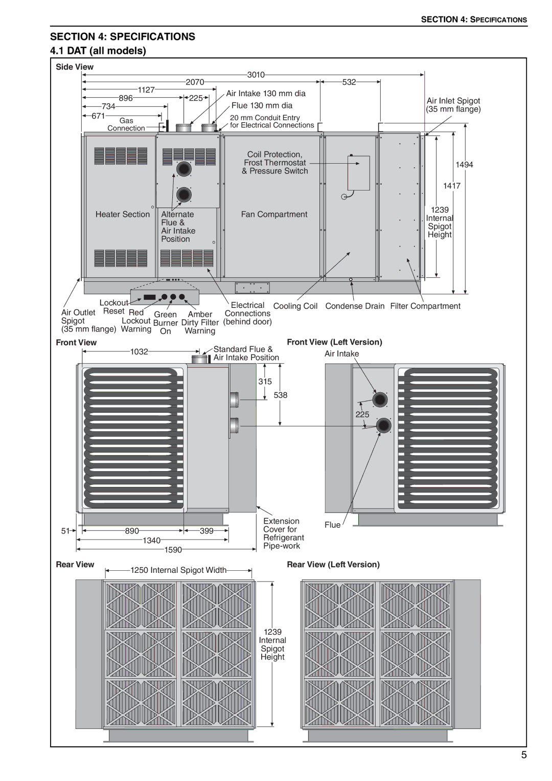 Roberts Gorden DAT115, DAT75, DAT90, DAT100 service manual Specifications 4.1 DAT all models, Front View Left Version 