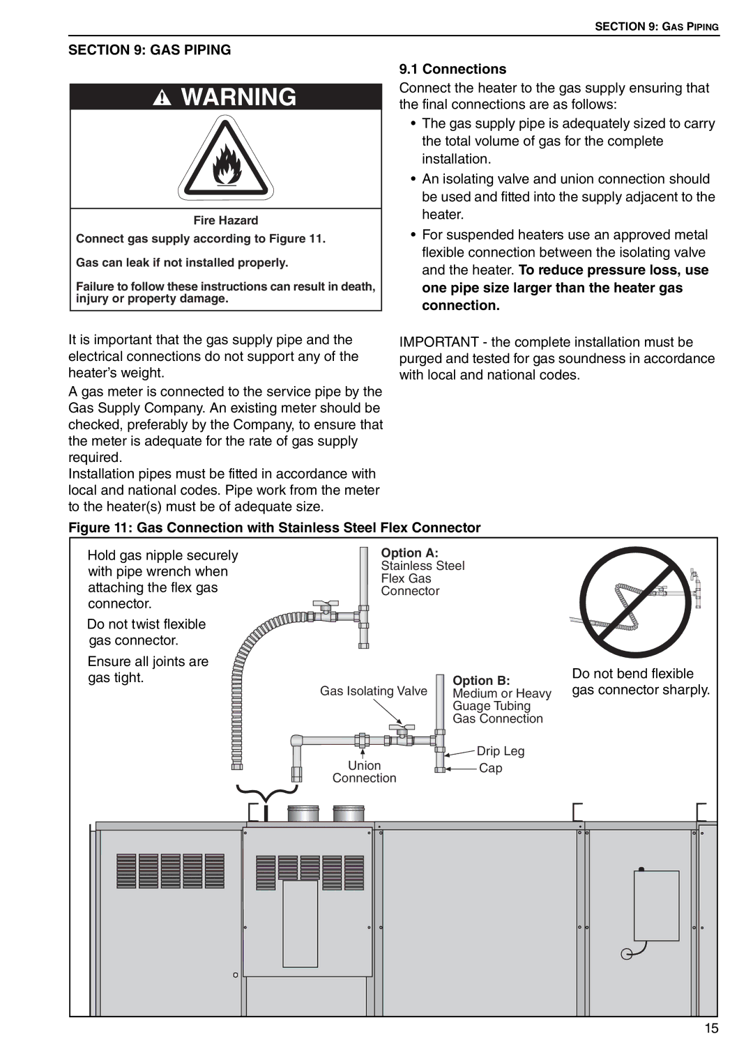 Roberts Gorden DAT90, DAT75, DAT100, DAT115 service manual Connections, Gas Connection with Stainless Steel Flex Connector 