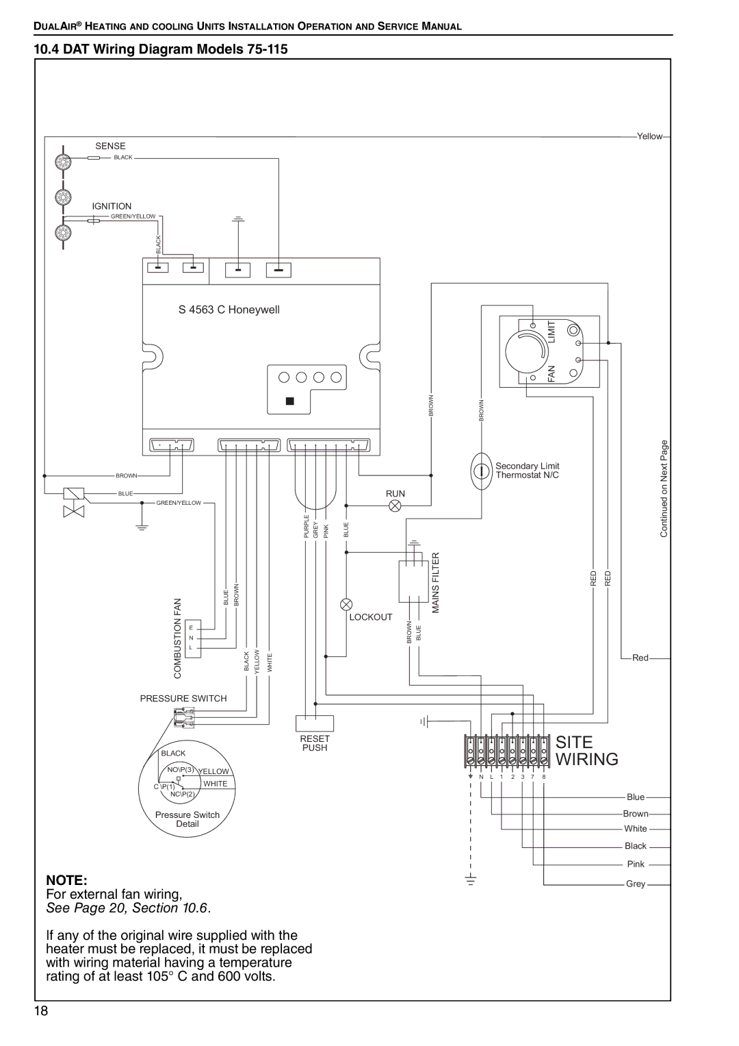 Roberts Gorden DAT75, DAT90, DAT100, DAT115 service manual DAT Wiring Diagram Models, See Page 20, Section 