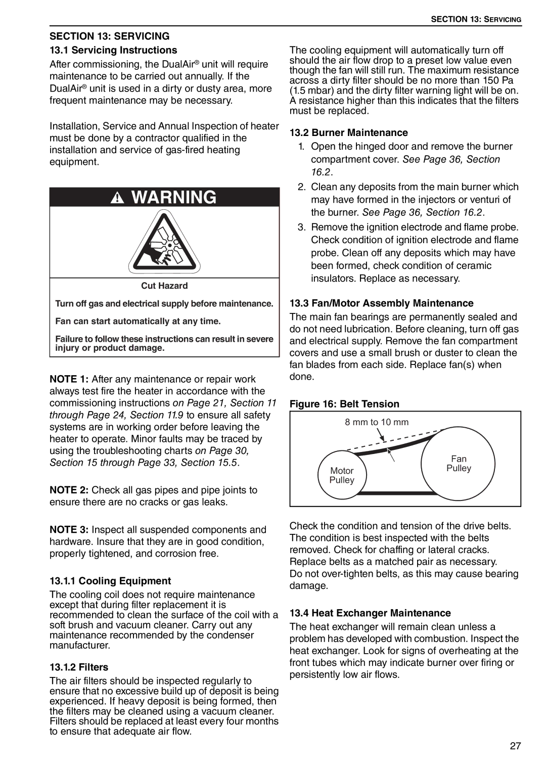 Roberts Gorden DAT90, DAT75 Servicing 13.1 Servicing Instructions, Burner Maintenance, 13.3 Fan/Motor Assembly Maintenance 