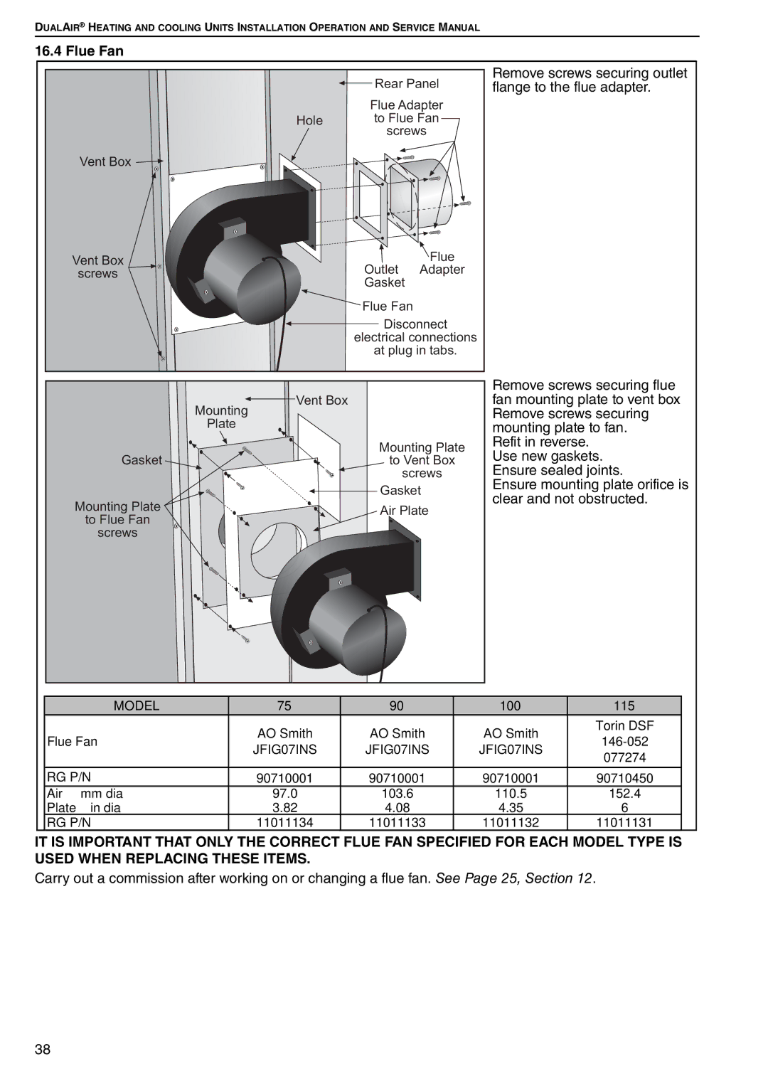 Roberts Gorden DAT75, DAT90, DAT100, DAT115 service manual Remove screws securing outlet flange to the flue adapter 