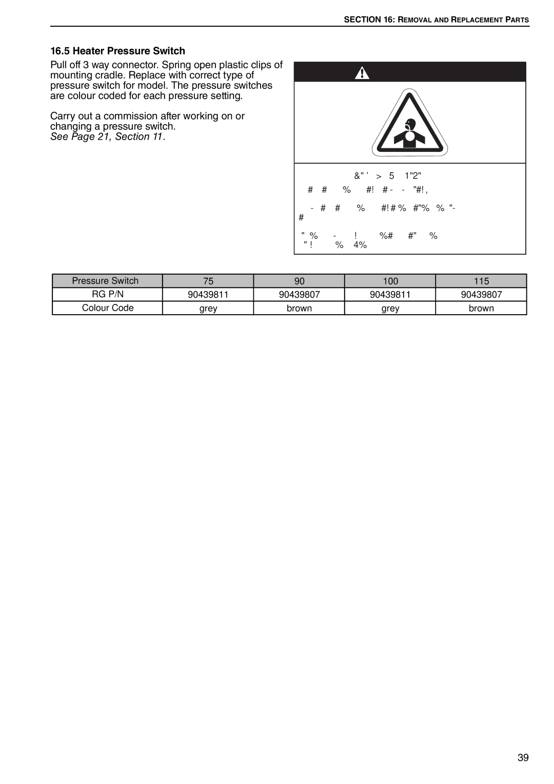 Roberts Gorden DAT90, DAT75, DAT100, DAT115 service manual Heater Pressure Switch, See Page 21, Section 