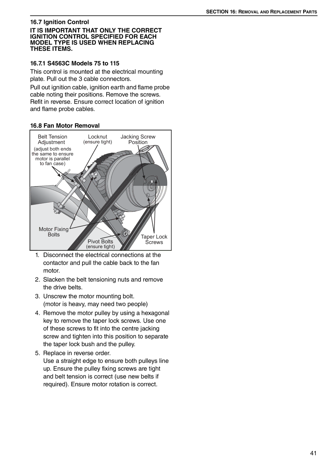 Roberts Gorden DAT115, DAT75, DAT90, DAT100 service manual Ignition Control, 16.7.1 S4563C Models 75 to, Fan Motor Removal 