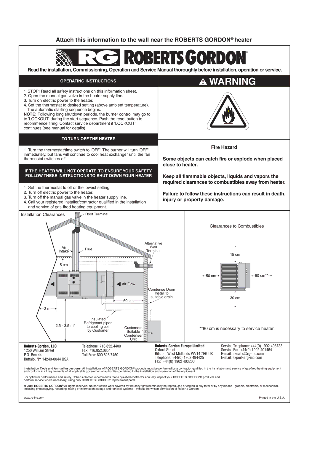 Roberts Gorden DAT75, DAT90, DAT100, DAT115 service manual Some objects can catch fire or explode when placed 