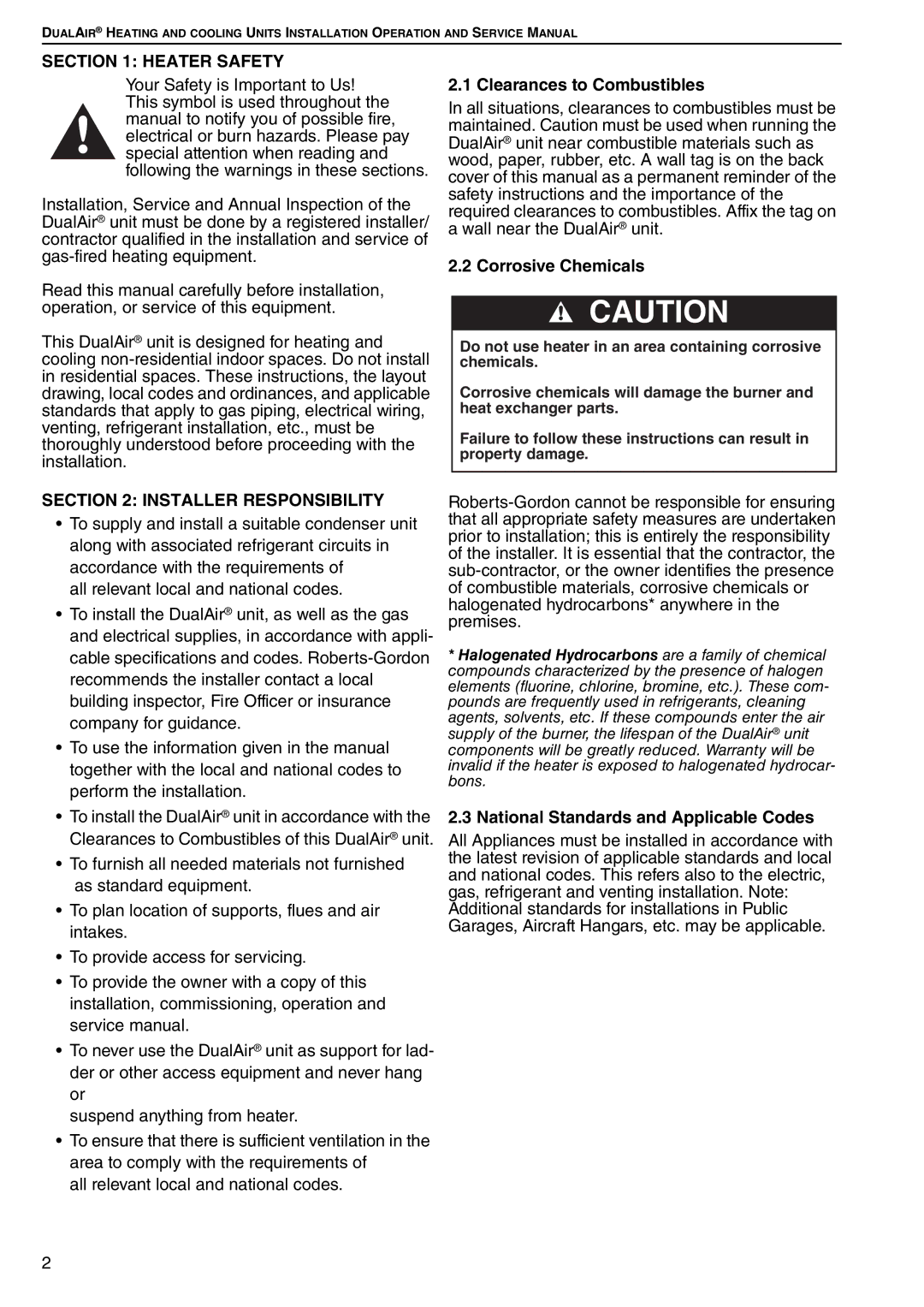 Roberts Gorden DAT75, DAT90 Clearances to Combustibles, Corrosive Chemicals, National Standards and Applicable Codes 