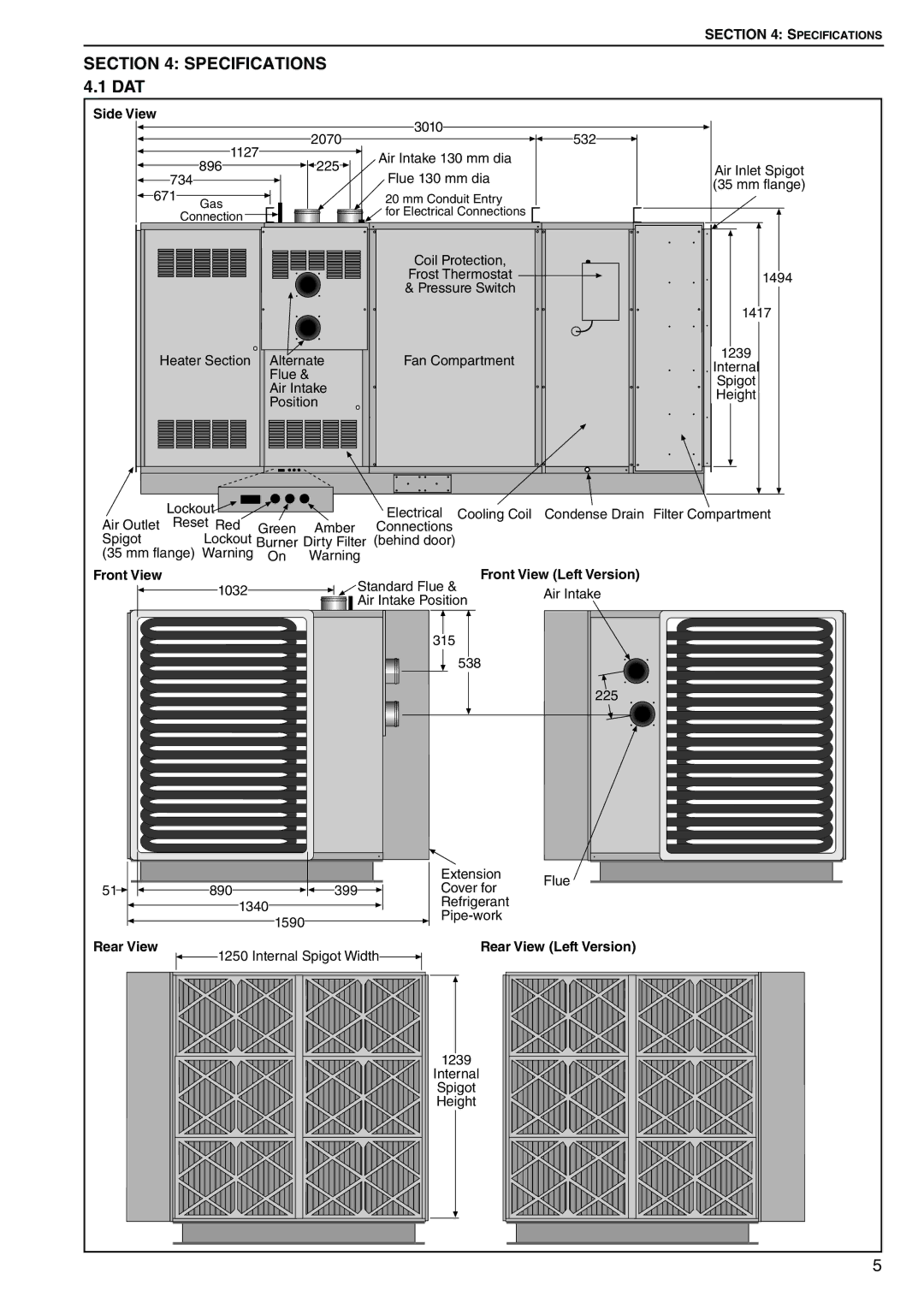 Roberts Gorden DAT115, DAT75, DAT90, DAT100 service manual Specifications 4.1 DAT, Front View Left Version 