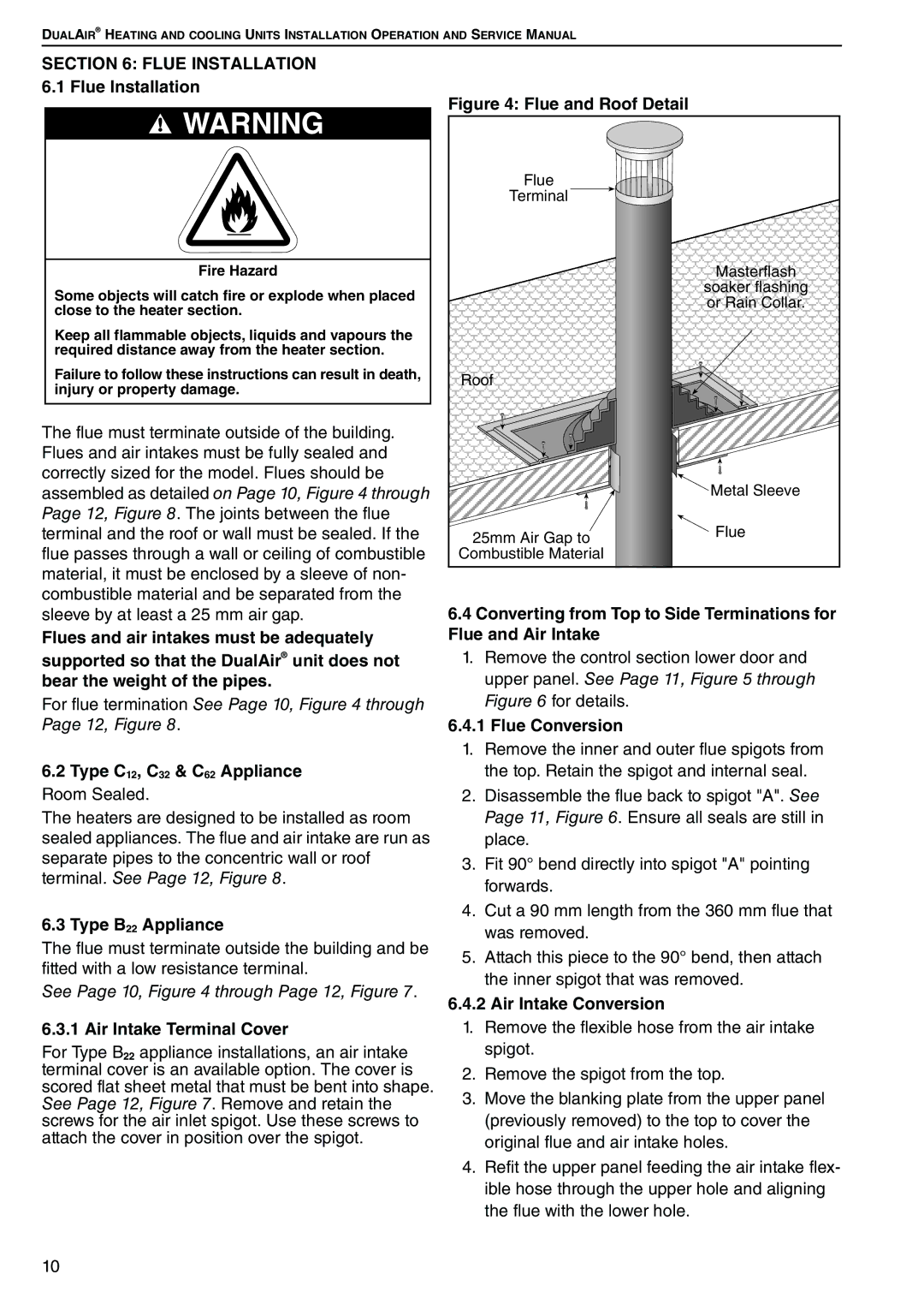 Roberts Gorden DAT75, DAT90, DAT100 Flue Installation 6.1 Flue Installation, Type B22 Appliance, Air Intake Terminal Cover 