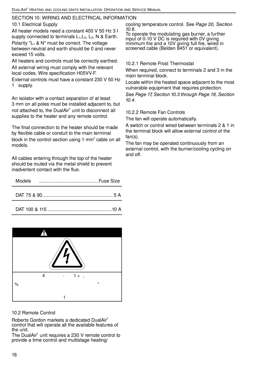 Roberts Gorden DAT100 Wiring and Electrical Information, See Page 17, .3 through Page 18, Section, Models, Remote Control 