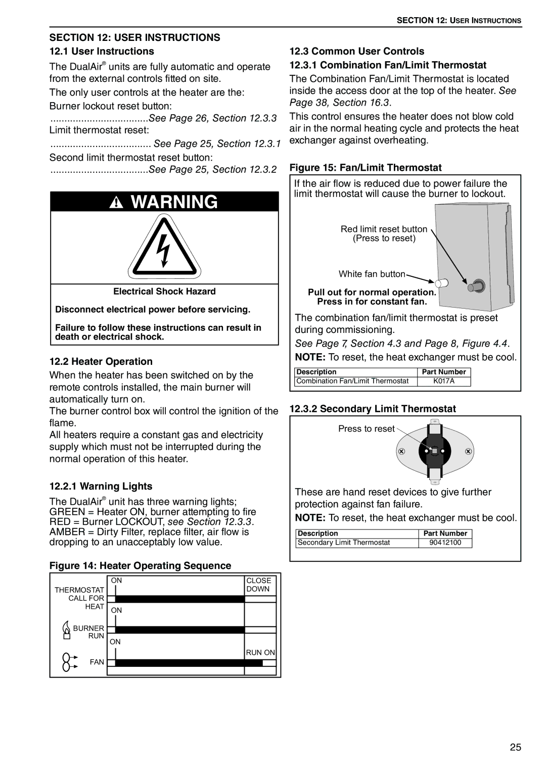 Roberts Gorden DAT115 Heater Operation, Common User Controls Combination Fan/Limit Thermostat, Secondary Limit Thermostat 