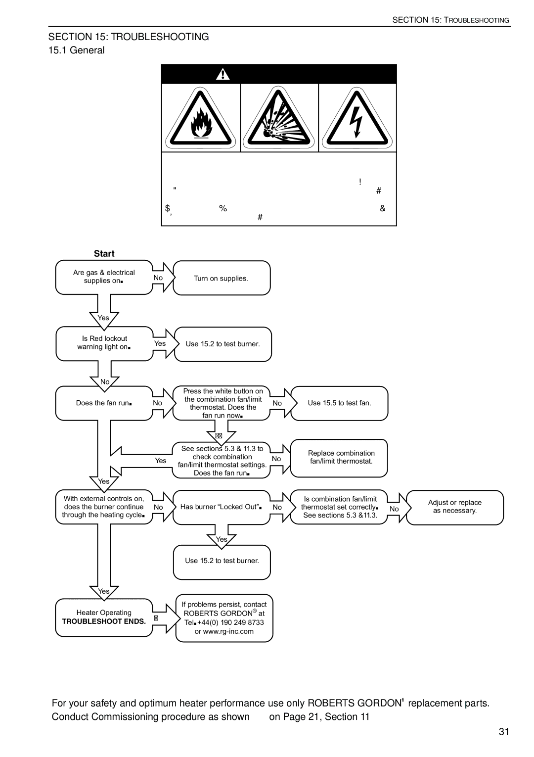 Roberts Gorden DAT90, DAT75, DAT100, DAT115 service manual Conduct Commissioning procedure as shown on Page 21, Section 