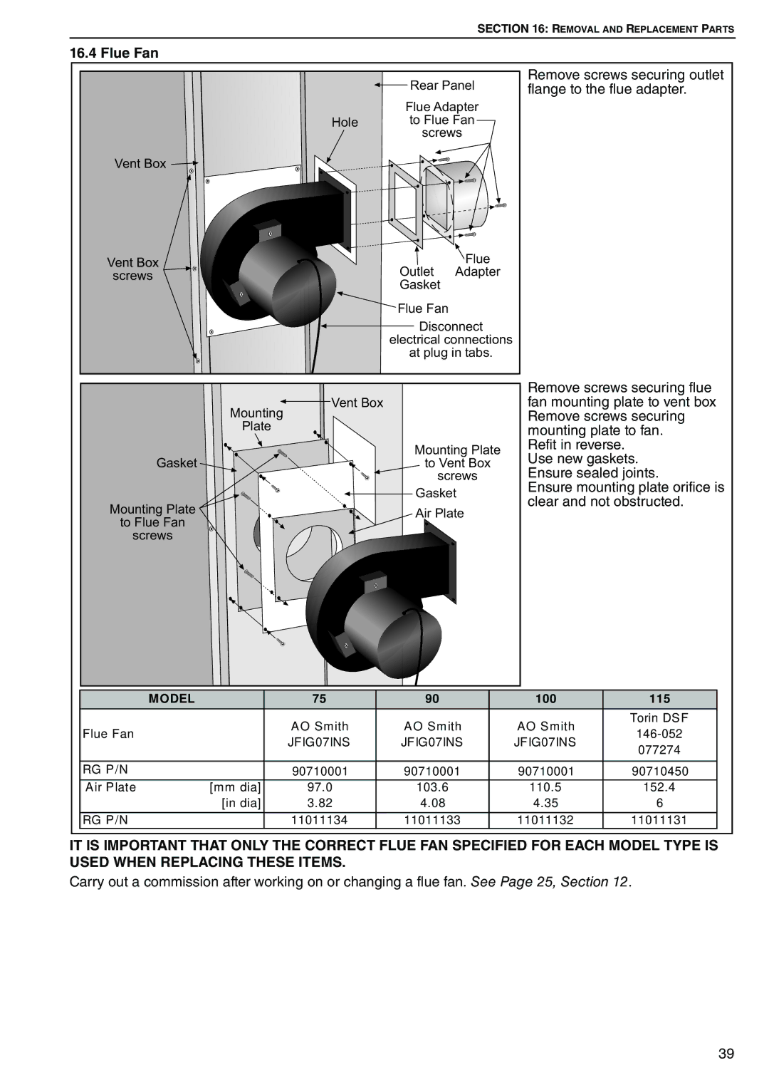 Roberts Gorden DAT90, DAT75, DAT100, DAT115 service manual Remove screws securing outlet flange to the flue adapter 