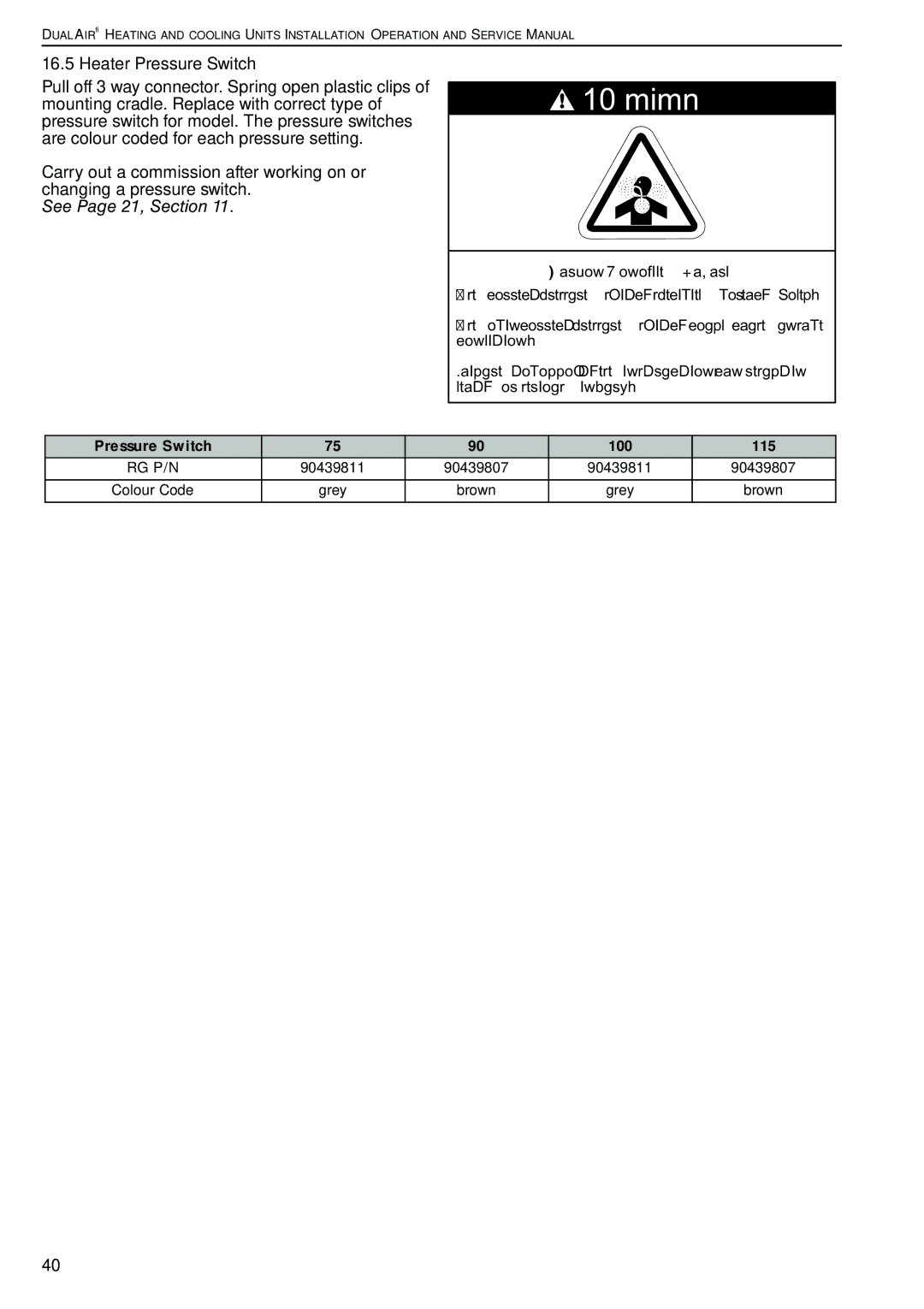 Roberts Gorden DAT100, DAT75, DAT90, DAT115 service manual Heater Pressure Switch, See Page 21, Section 