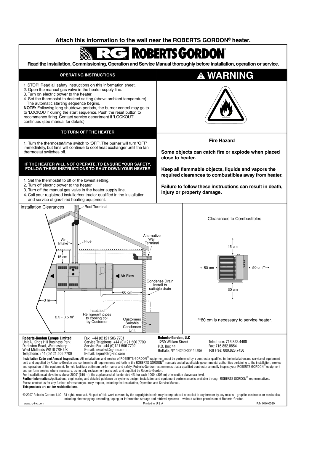 Roberts Gorden DAT75, DAT90, DAT100, DAT115 service manual Some objects can catch fire or explode when placed 