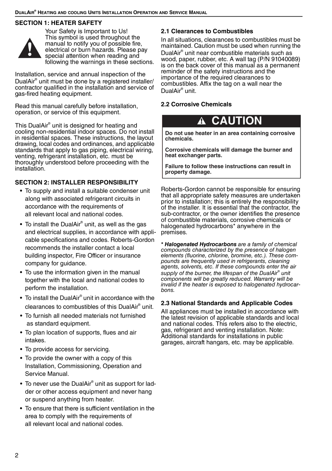 Roberts Gorden DAT75, DAT90 Heater Safety, Installer Responsibility, Clearances to Combustibles, Corrosive Chemicals 