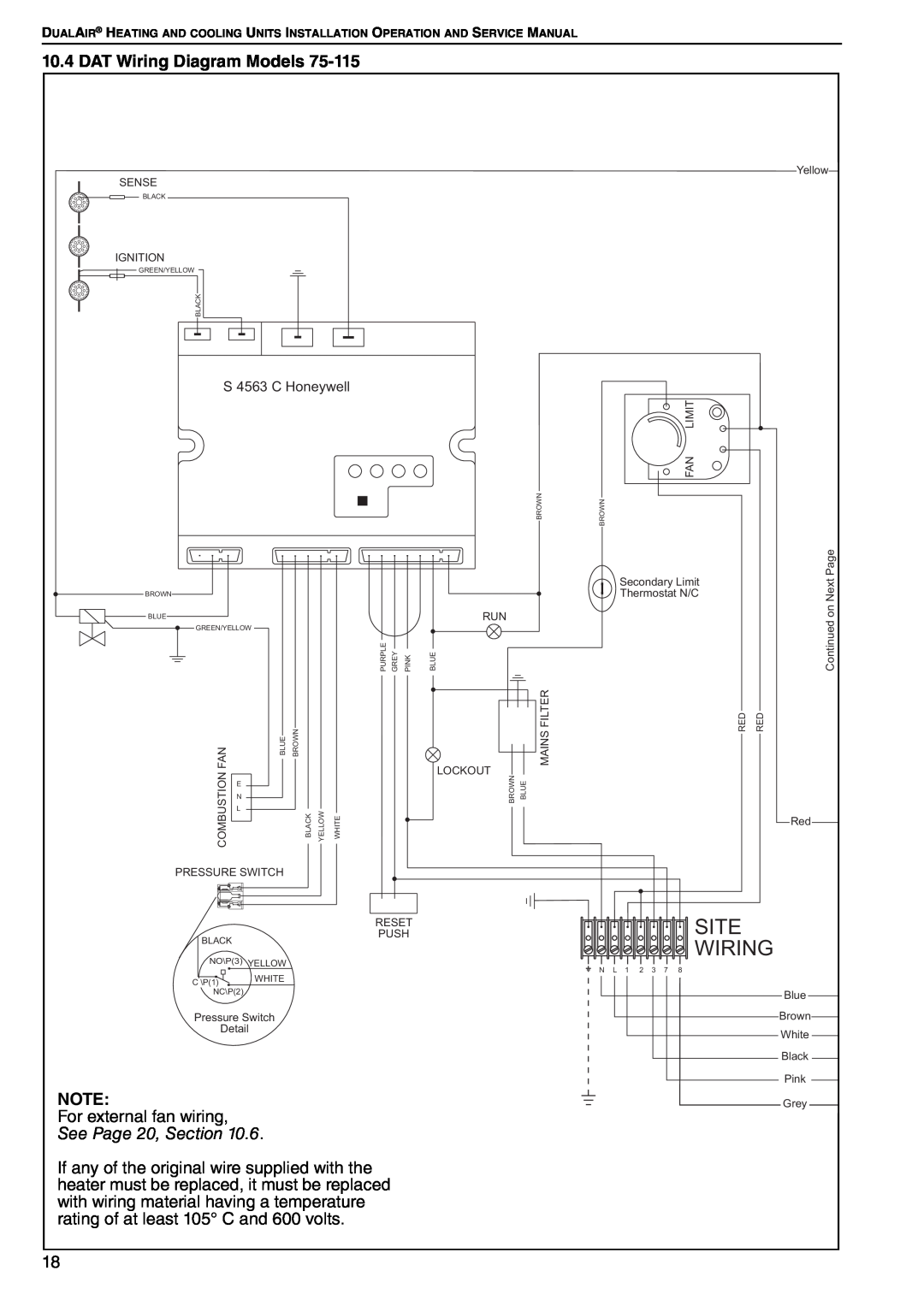Roberts Gorden DAT75, DAT90, DAT100, DAT115 service manual DAT Wiring Diagram Models, See Page 20, Section, Site Wiring 