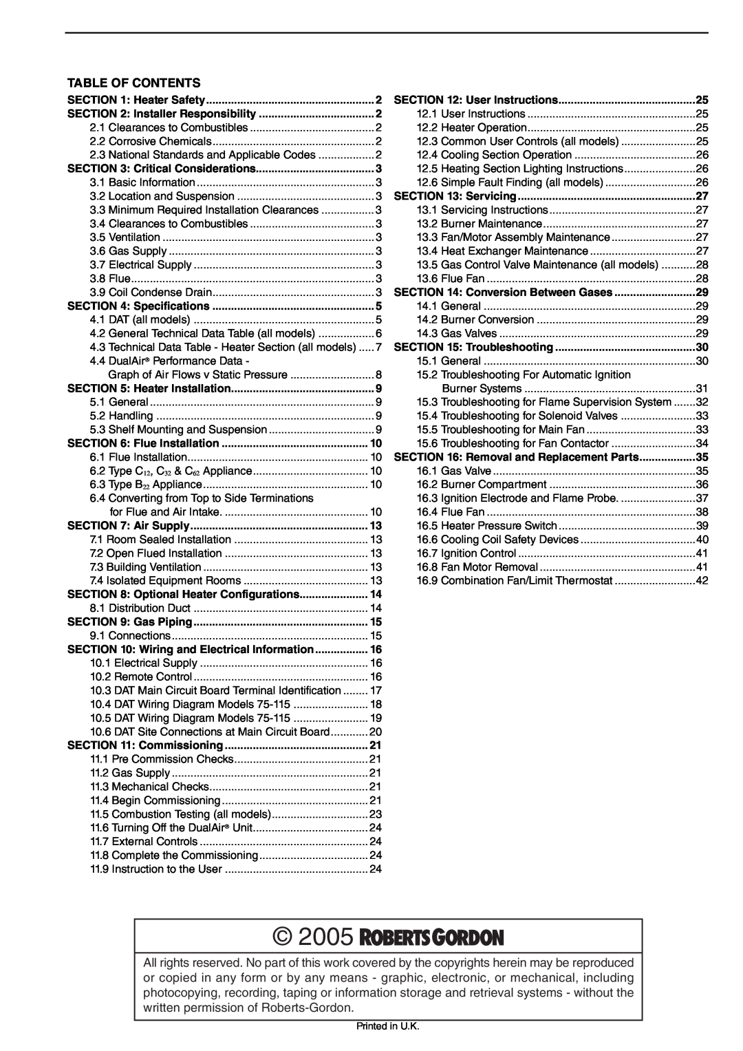 Roberts Gorden DAT115, DAT75, DAT90, DAT100 service manual 2005, Table Of Contents 