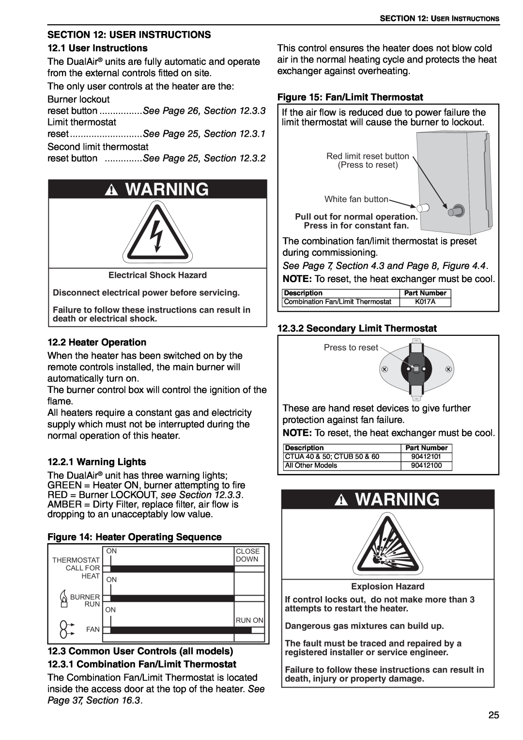 Roberts Gorden DAT115 See Page 26, Section, See Page 25, Section, Heater Operation, Warning Lights, Fan/Limit Thermostat 