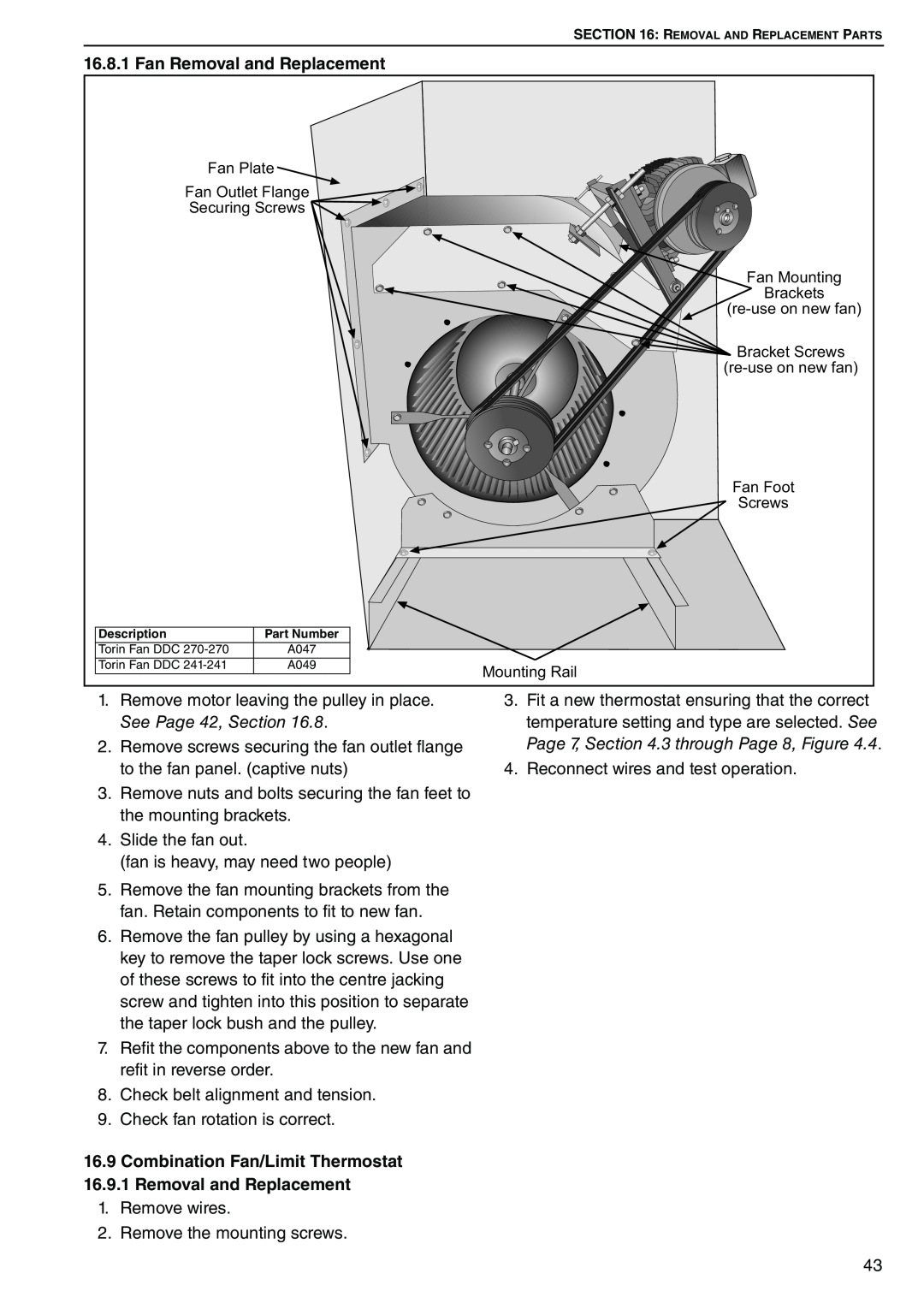 Roberts Gorden DAT90, DAT75, DAT100, DAT115 service manual Fan Removal and Replacement 