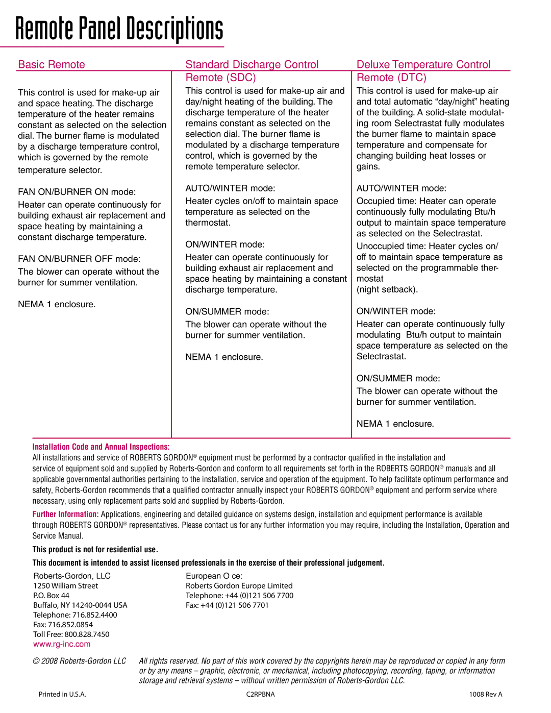 Roberts Gorden DF-Series manual Remote Panel Descriptions, Installation Code and Annual Inspections, Fax +44 0121 506 