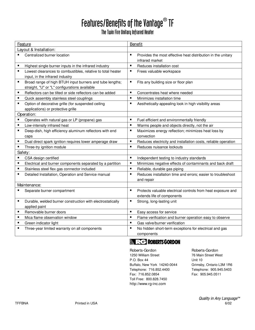 Roberts Gorden Electric Heater service manual Features/Benefits of the Vantage TF, Twin Fire Unitary Infrared Heater 