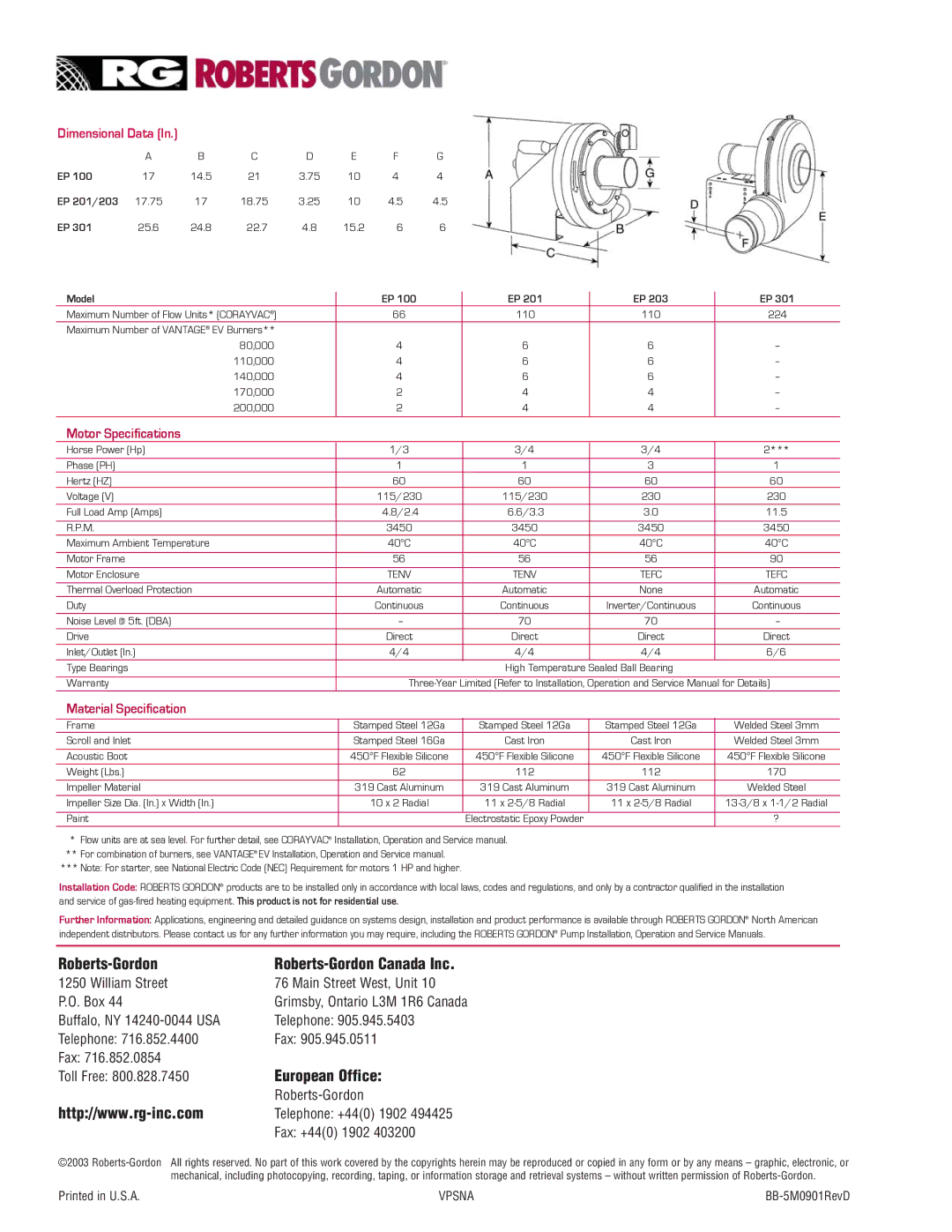 Roberts Gorden EP 301, EP 200 Series, EP 100 manual Roberts-Gordon, European Office 