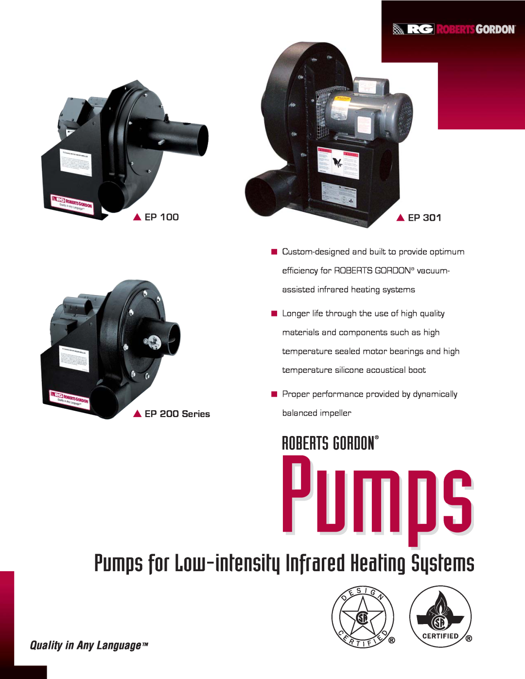 Roberts Gorden EP 100, EP 301 manual Pumps for Low-intensityInfrared Heating Systems, Roberts Gordon, EP 200 Series 