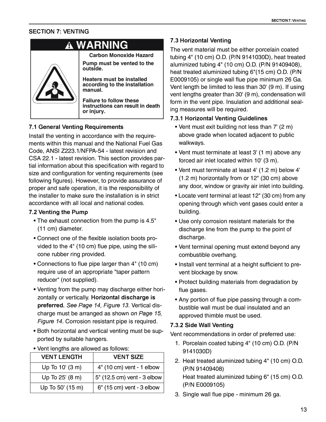 Roberts Gorden EP-203, EP-200 Series service manual Venting, Vent Length Vent Size 