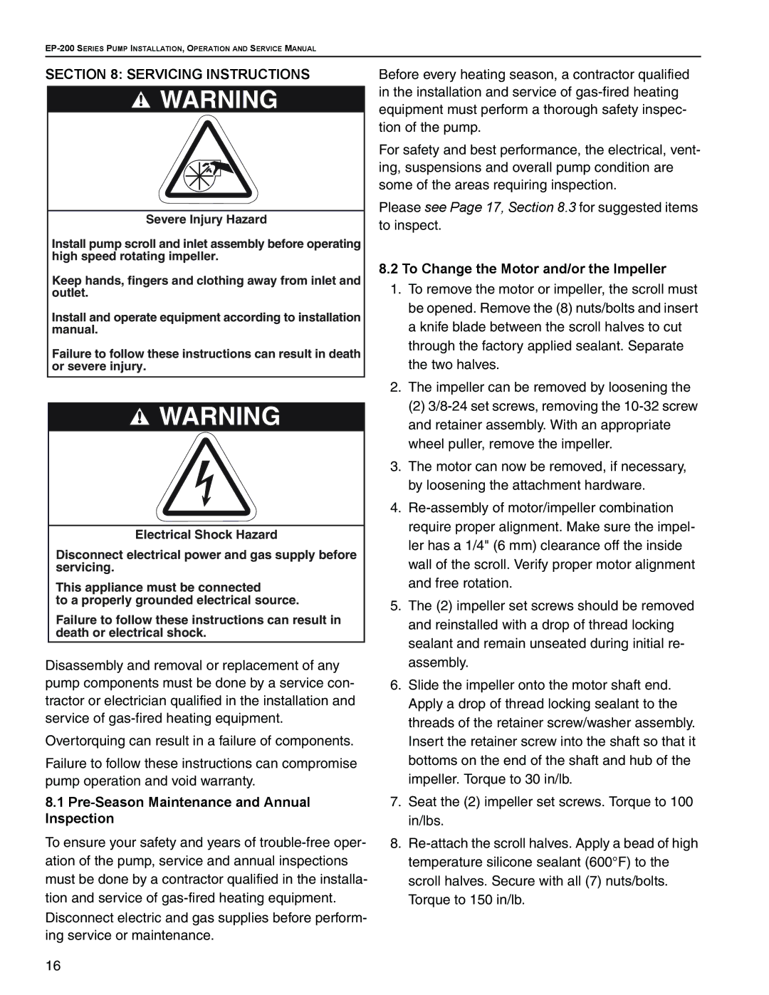 Roberts Gorden EP-200 Series, EP-203 service manual Servicing Instructions, Pre-Season Maintenance and Annual Inspection 