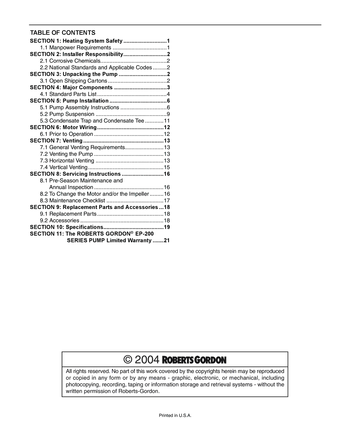 Roberts Gorden EP-203, EP-200 Series service manual 2004, Table of Contents 