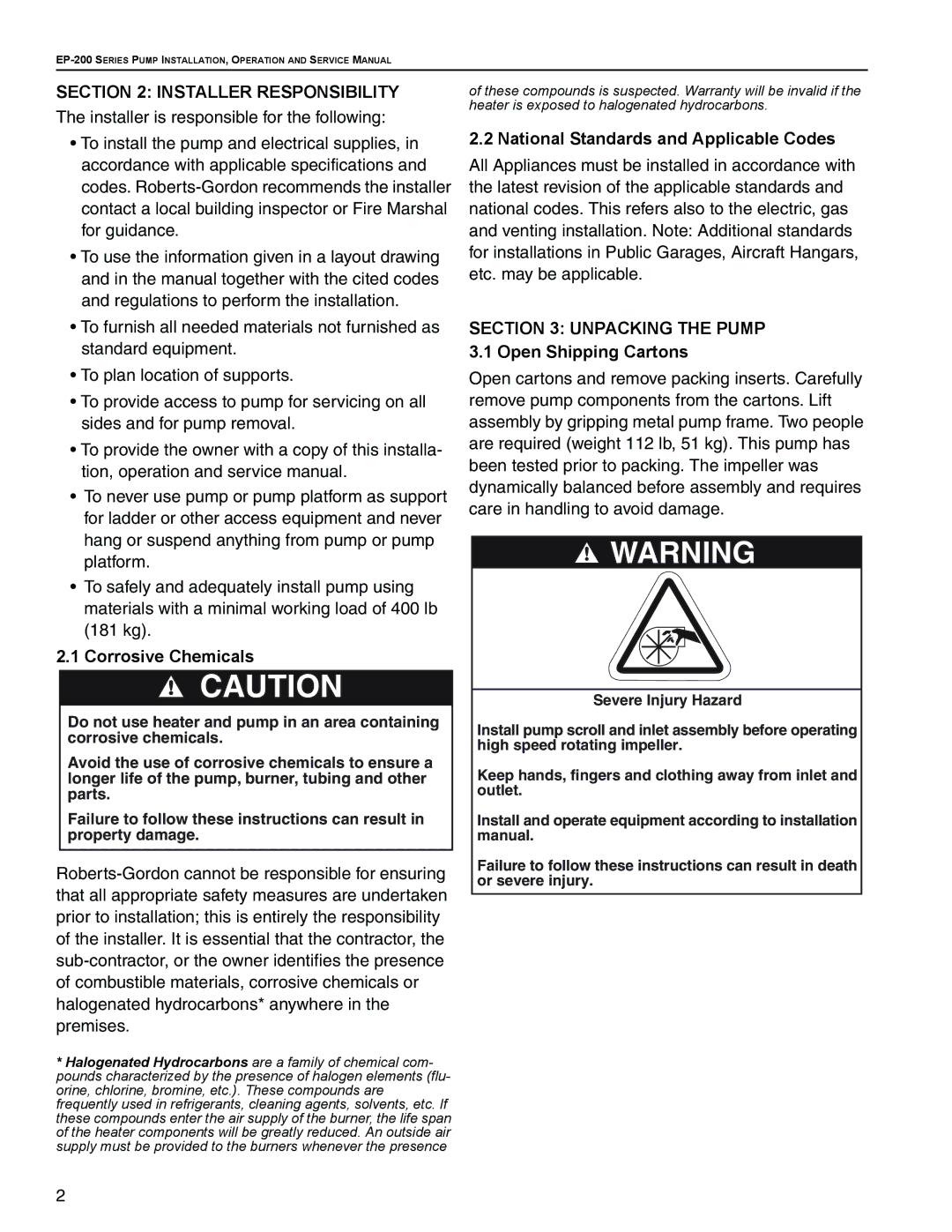 Roberts Gorden EP-200 Series Installer Responsibility, Corrosive Chemicals, National Standards and Applicable Codes 