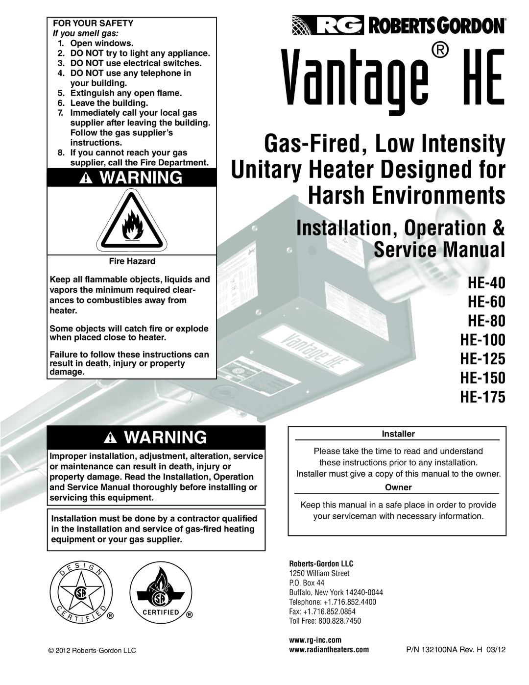 Roberts Gorden HE-80, HE-60, HE-175, HE-40, HE-100, HE-150, HE-125 service manual Vantage 