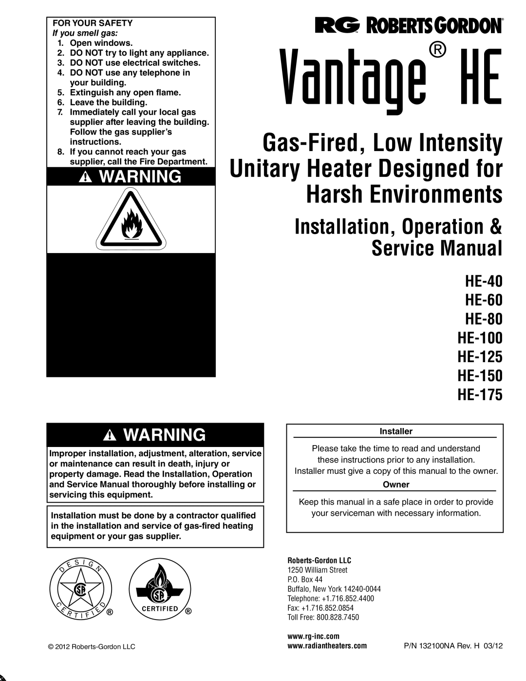 Roberts Gorden HE-175, HE-60, HE-80, HE-40, HE-100, HE-150, HE-125 service manual 