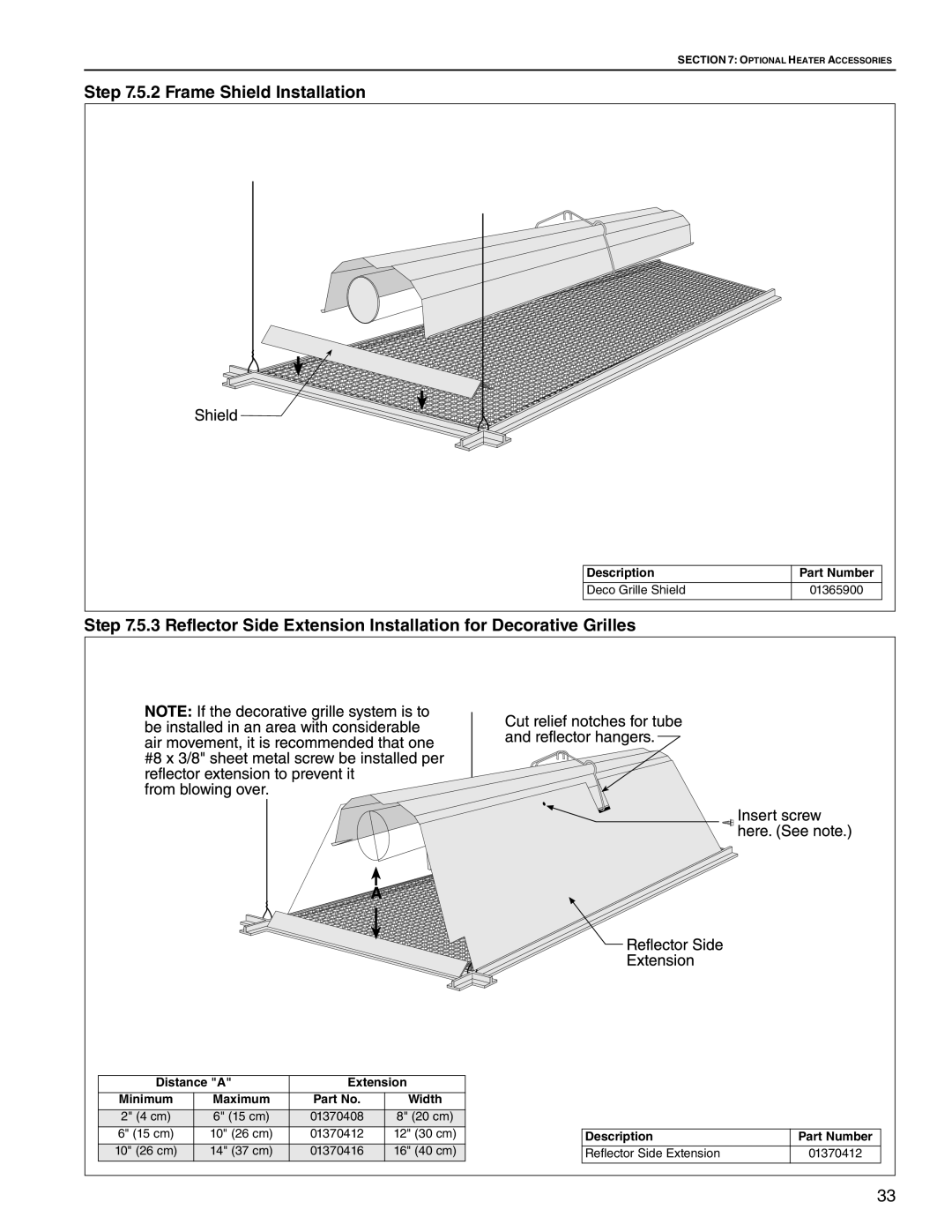 Roberts Gorden HE-100, HE-60, HE-80, HE-175, HE-40, HE-150, HE-125 service manual Frame Shield Installation, Distance a Extension 