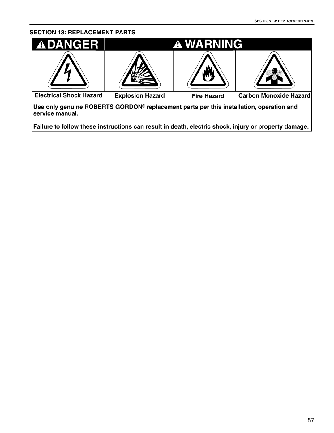 Roberts Gorden HE-60, HE-80, HE-175, HE-40, HE-100, HE-150, HE-125 service manual Replacement Parts 