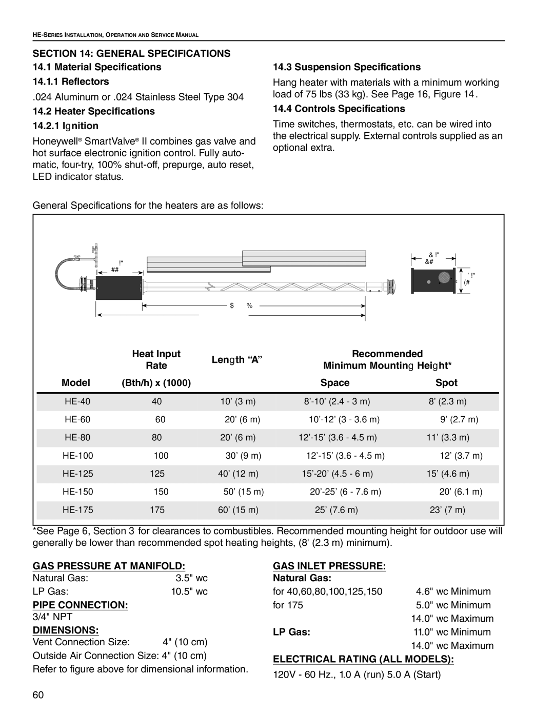 Roberts Gorden HE-40 General Specifications, GAS Pressure AT Manifold, Pipe Connection, Dimensions, GAS Inlet Pressure 