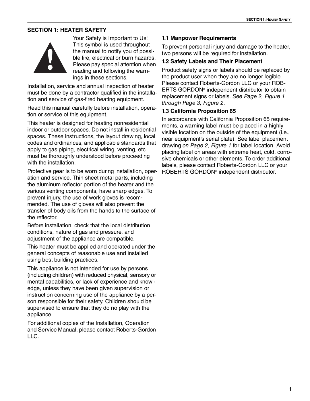 Roberts Gorden HE-60 Heater Safety, Manpower Requirements, Safety Labels and Their Placement, California Proposition 