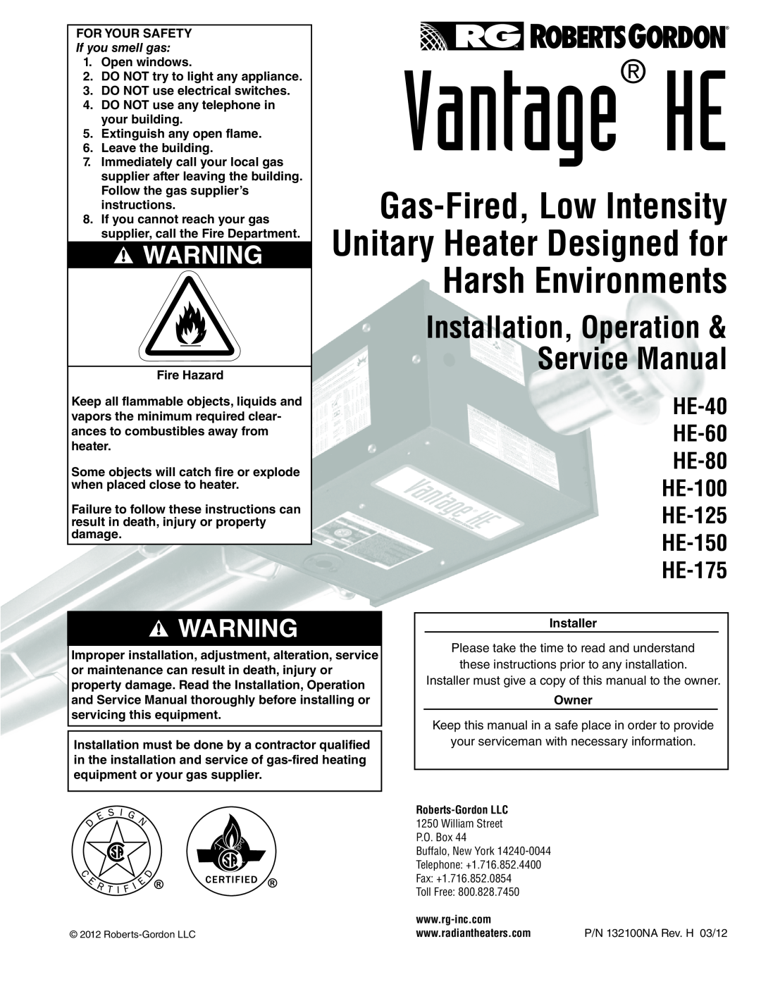 Roberts Gorden HE-80 service manual Vantage, Unitary Heater Designed for, Service Manual, Gas-Fired, Low Intensity, HE-40 
