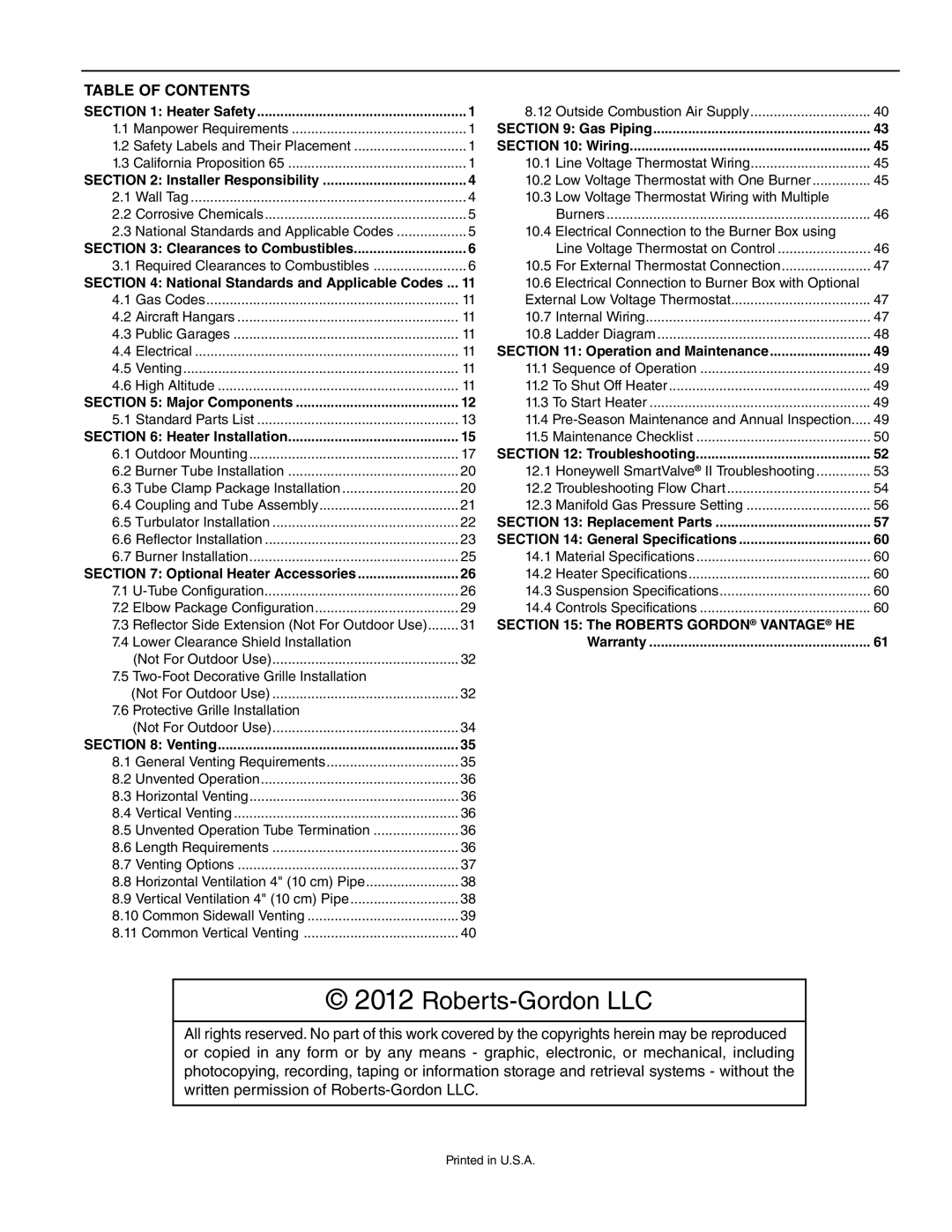Roberts Gorden HE-40, HE-60, HE-80, HE-175, HE-100, HE-150, HE-125 service manual Roberts-Gordon LLC, Table Of Contents 