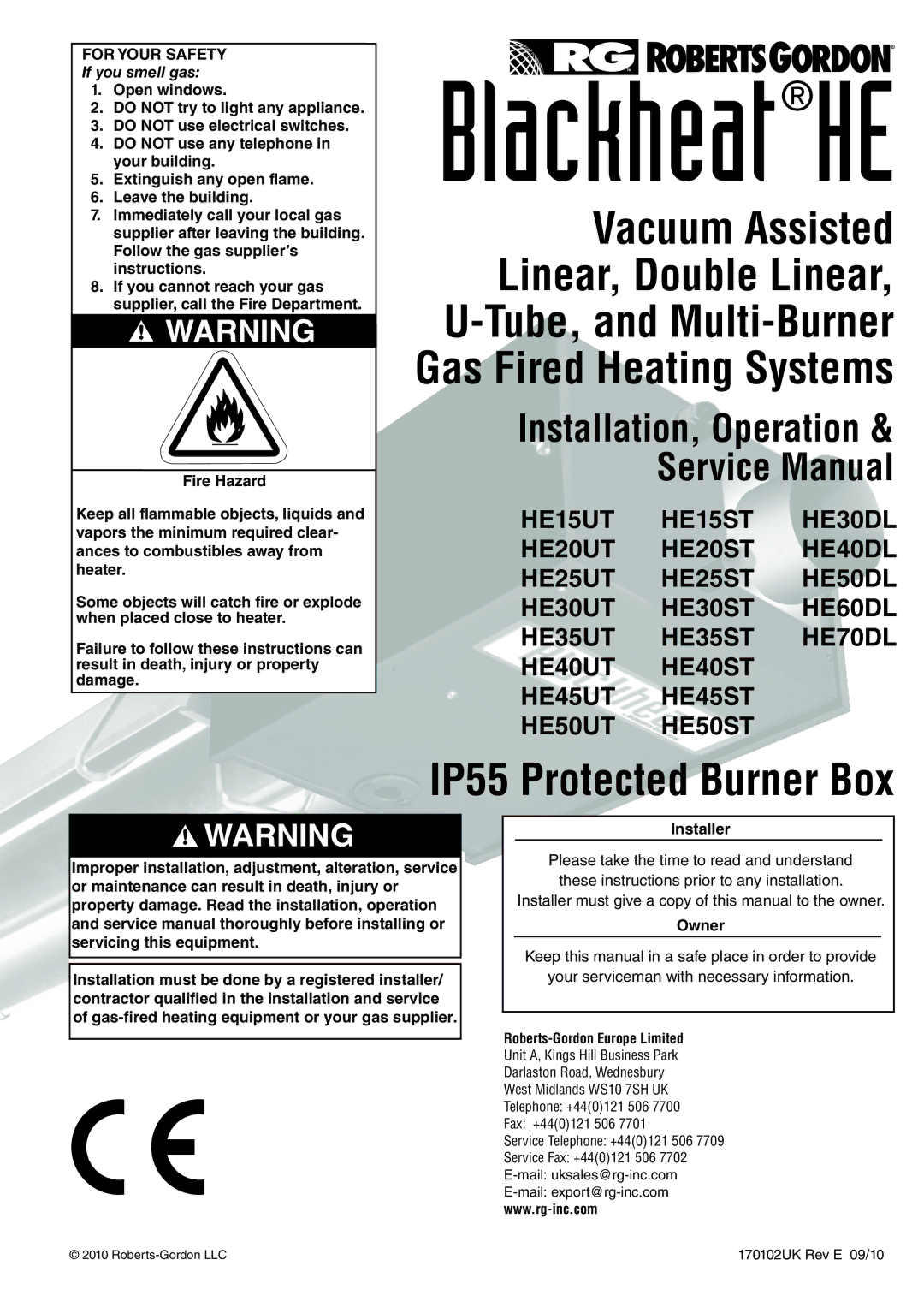 Roberts Gorden HE50DL, HE20ST, HE45UT, HE30DL, HE50ST, HE35UT, HE50UT, HE45ST, HE25UT service manual If you smell gas, Owner 