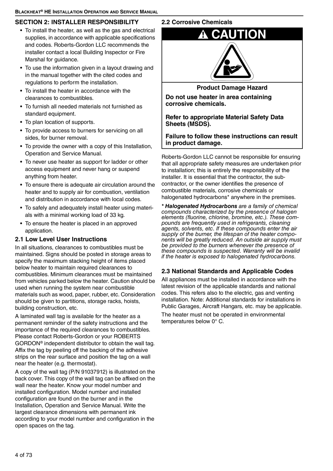 Roberts Gorden HE60DL Installer Responsibility, Low Level User Instructions, National Standards and Applicable Codes 