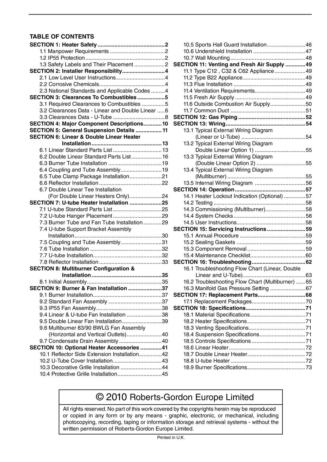 Roberts Gorden HE30DL, HE20ST, HE50DL, HE45UT, HE50ST, HE35UT, HE50UT, HE45ST Roberts-Gordon Europe Limited, Table of Contents 