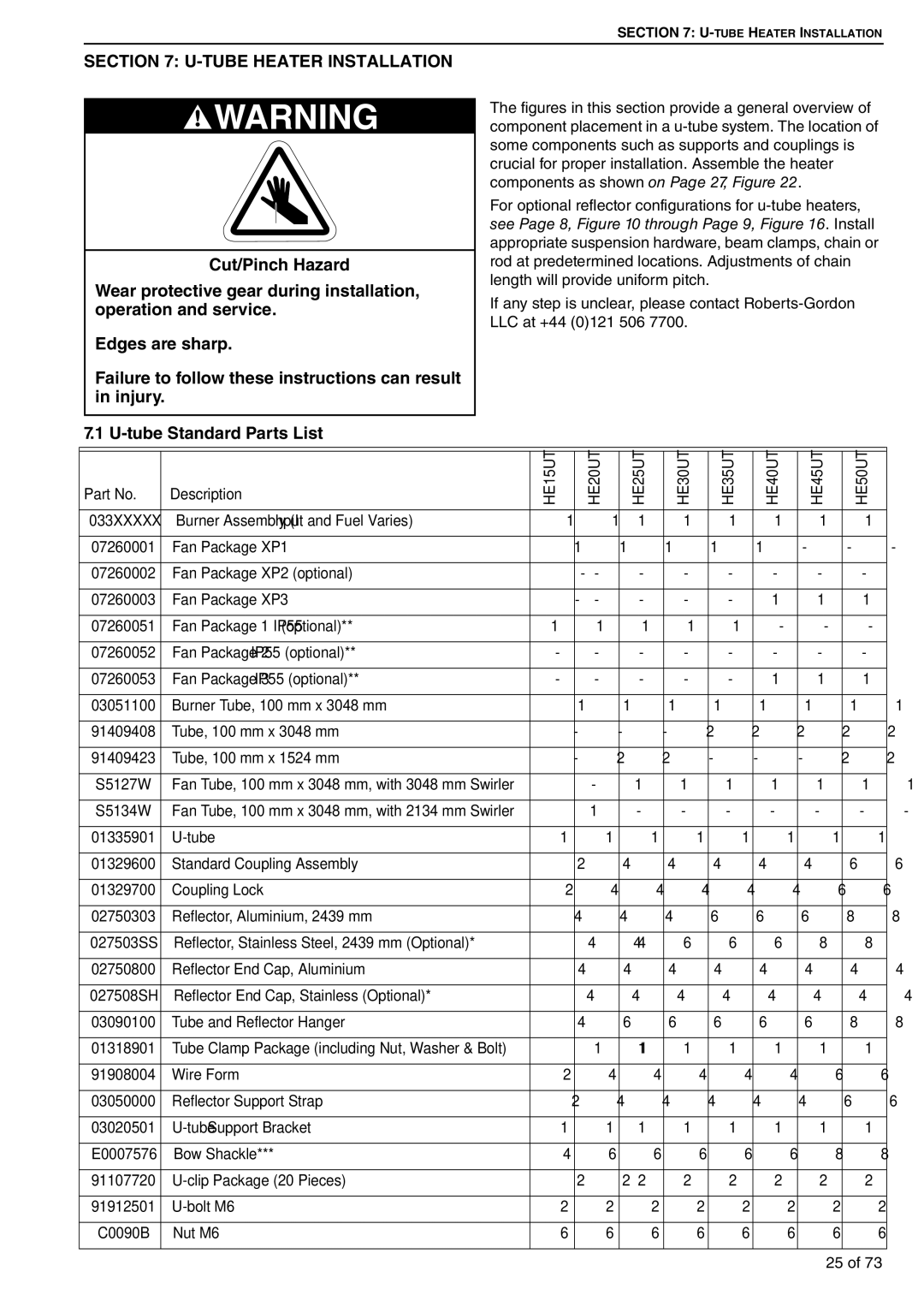 Roberts Gorden HE60DL, HE20ST, HE50DL, HE45UT, HE30DL, HE50ST, HE35UT, HE50UT Tube Heater Installation, Tube Standard Parts List 
