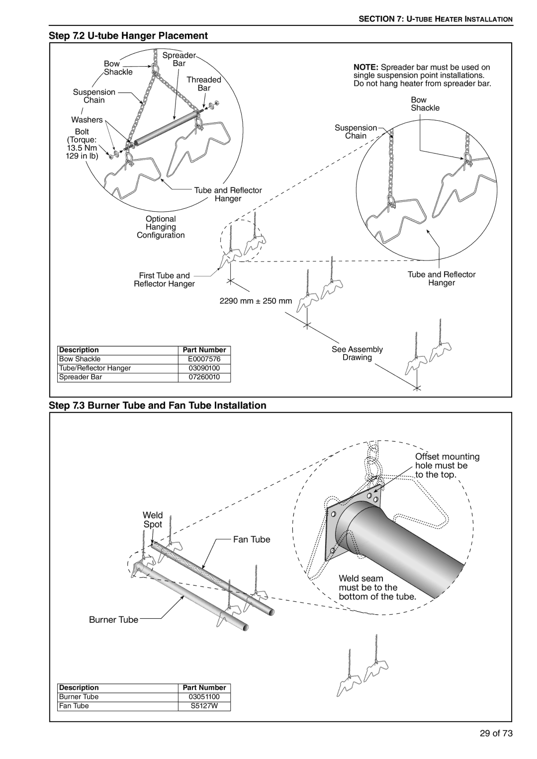 Roberts Gorden HE25ST, HE20ST, HE50DL, HE45UT, HE30DL, HE50ST U-tube Hanger Placement, Burner Tube and Fan Tube Installation 