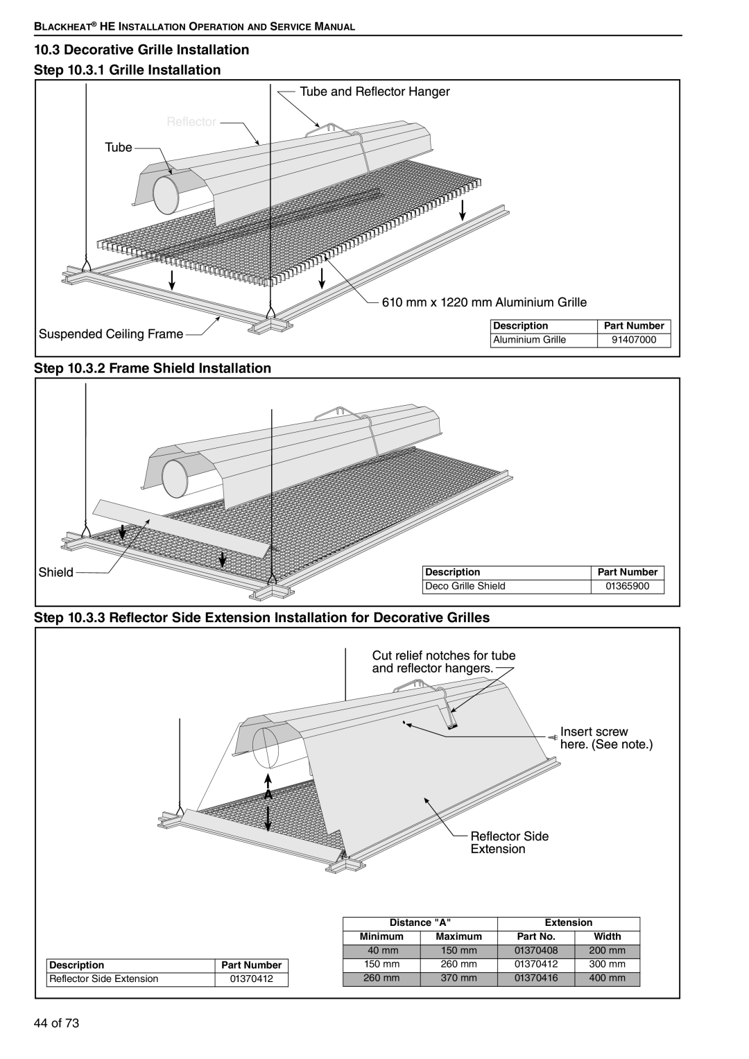 Roberts Gorden HE25UT, HE20ST, HE50DL, HE45UT, HE30DL, HE50ST, HE35UT, HE50UT Frame Shield Installation, Distance a Extension 