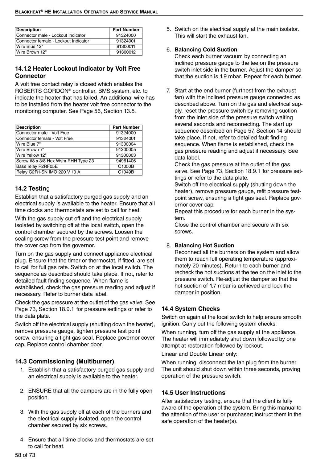 Roberts Gorden HE50DL Heater Lockout Indicator by Volt Free Connector, Testing, Commissioning Multiburner, System Checks 