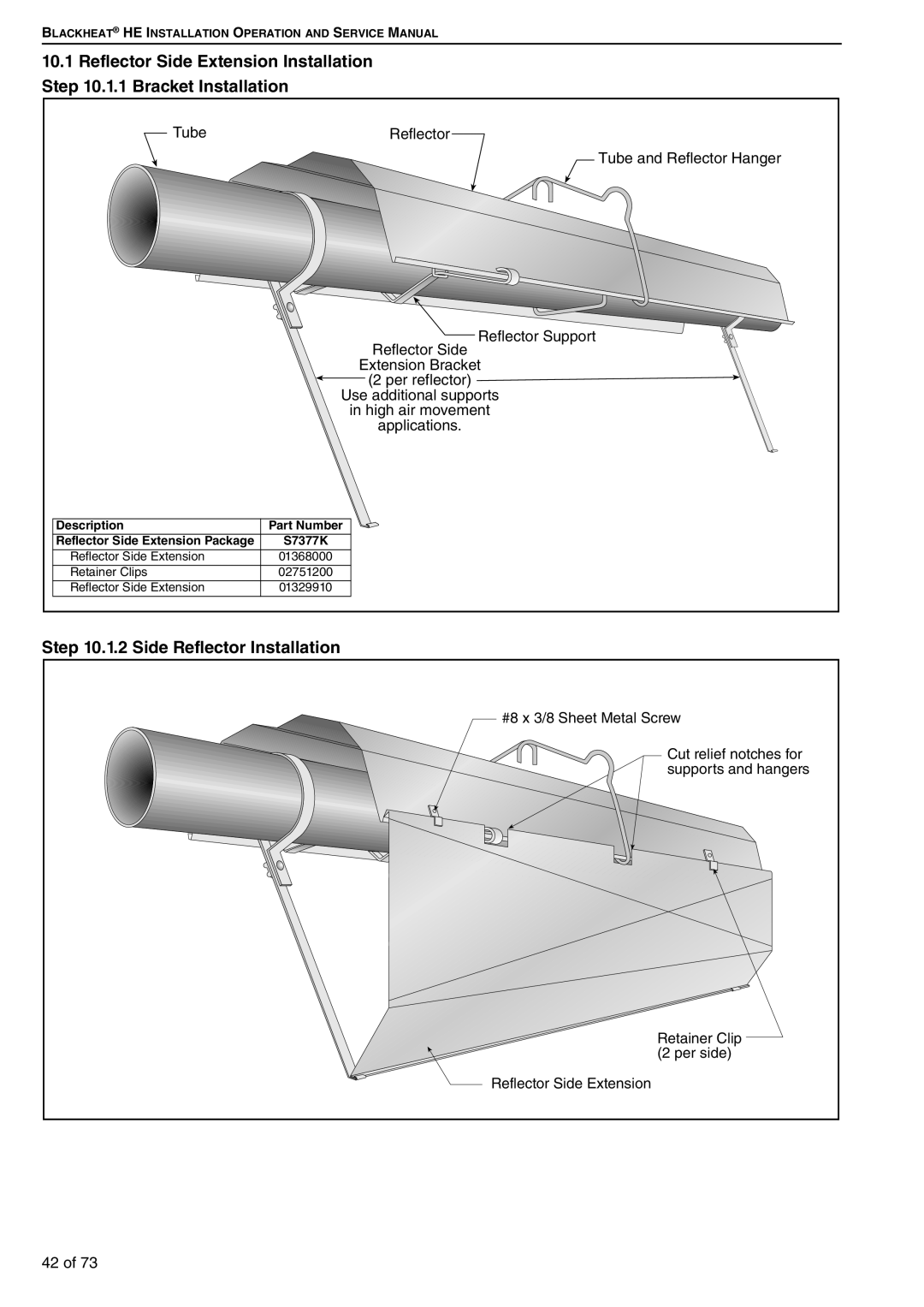 Roberts Gorden HE50UT Reflector Side Extension Installation, 1.1 Bracket Installation, 1.2 Side Reflector Installation 
