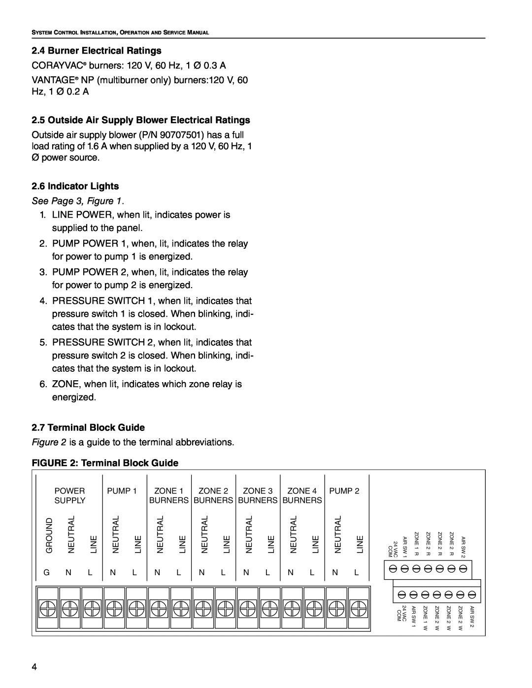 Roberts Gorden HP 230 V 3 Burner Electrical Ratings, Outside Air Supply Blower Electrical Ratings, 2.7Terminal Block Guide 