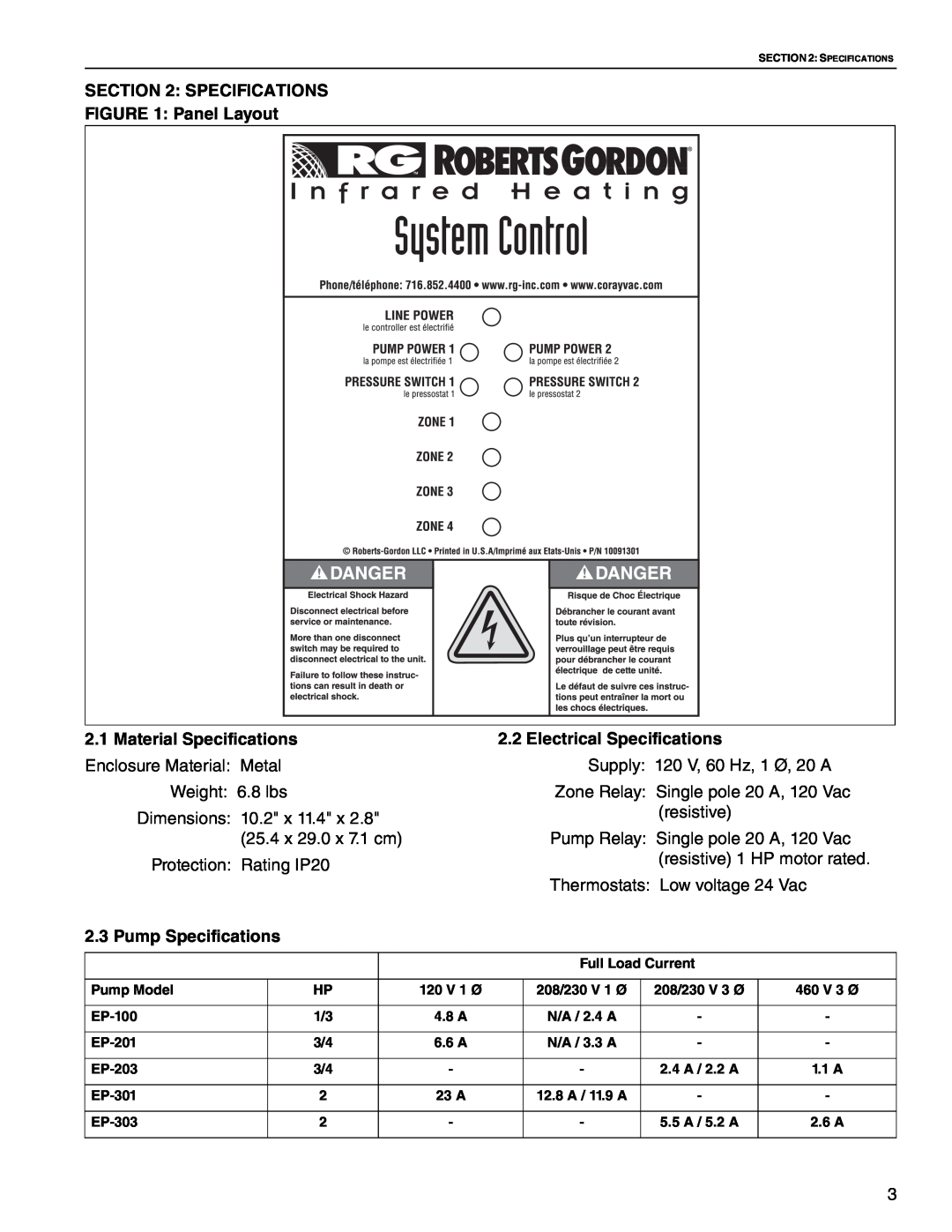 Roberts Gorden HP 460 V 3, HP 208 V 1, HP 208 V 3 SPECIFICATIONS Panel Layout, Material Specifications, Pump Specifications 