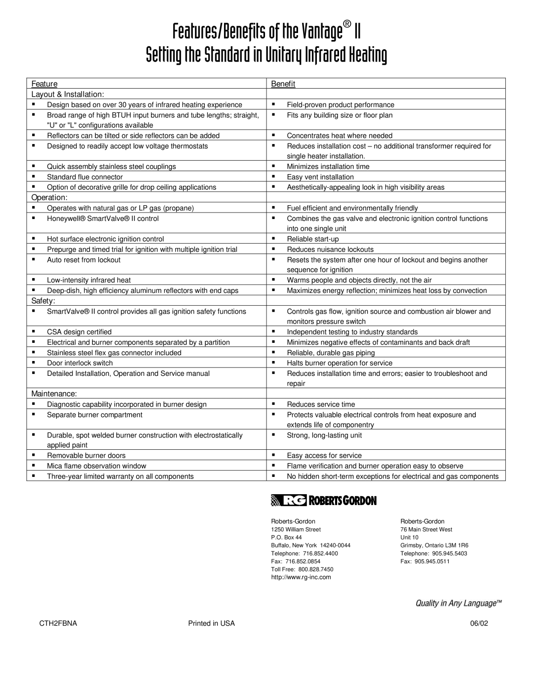 Roberts Gorden II service manual Features/Benefits of the Vantage, Setting the Standard in Unitary Infrared Heating 